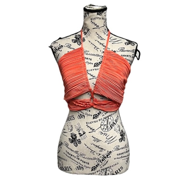 Sincerely Jules Orange Crinkle Pleated Halter Crop Top Ruched Boho Coastal L - Picture 3 of 11